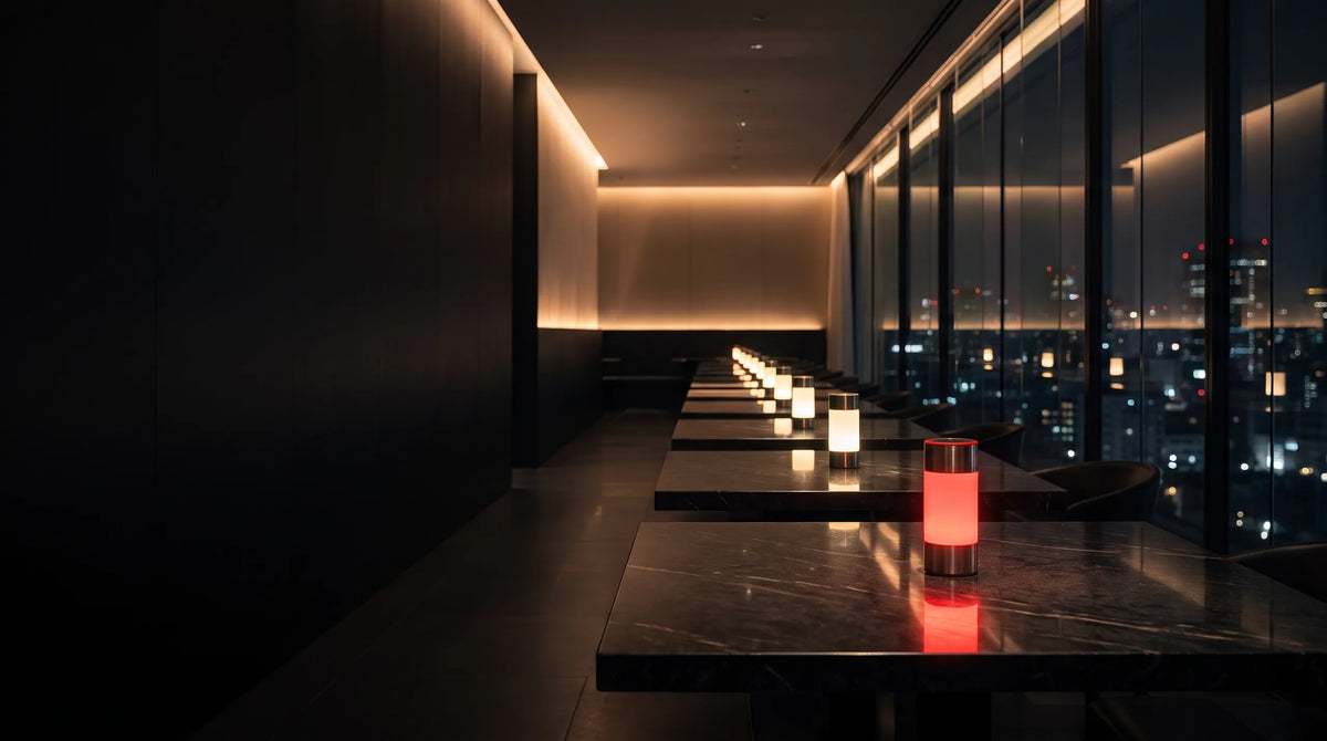 Dining room with a Halune lamp on every table, one showing red